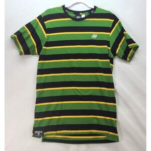 LRG Dapper Don Short Sleeved knit T shirt w Green Black and Yellow Stripes Sz L